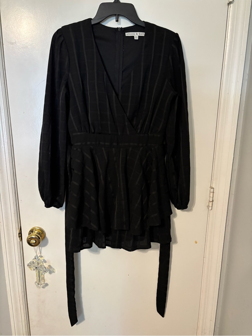Black Long-Sleeve Wrap Mini Dress with Tie Waist - Picture 7 of 9